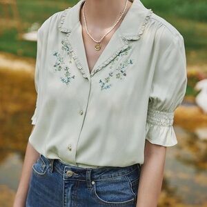 Floral Embroidered Button-Up Blouse